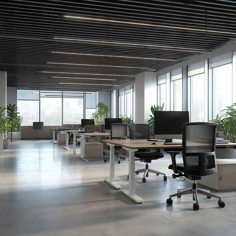 Elektrisch zit-sta bureau Professional met wit frame en licht eikenblad in moderne kantooromgeving