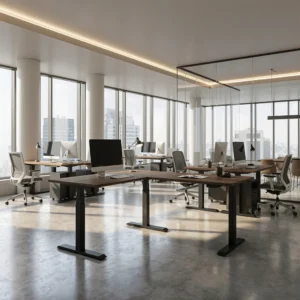 Elektrisch zit-sta hoekbureau met zwart frame en houten blad in moderne kantooromgeving – ergonomisch elektrisch verstelbaar bureau van Second Office