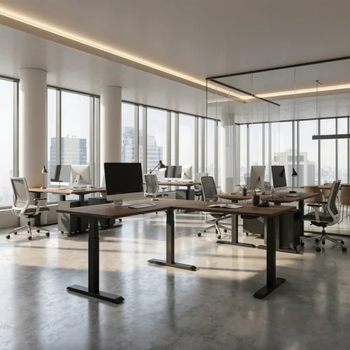 Elektrisch zit-sta hoekbureau met zwart frame en houten blad in moderne kantooromgeving – ergonomisch elektrisch verstelbaar bureau van Second Office