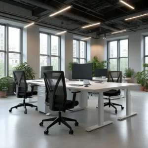 Moderne kantoorruimte met vier ergonomische werkplekken met wit zit-sta bureau, zwarte bureaustoelen en monitoren. Geleverd door Second Office