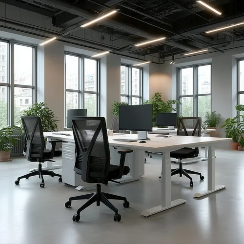 Moderne kantoorruimte met vier ergonomische werkplekken met wit zit-sta bureau, zwarte bureaustoelen en monitoren. Geleverd door Second Office